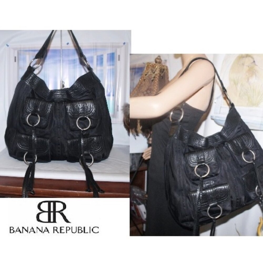 Lg Banana Republic 4 Multi Pocket Tassel Leather & Nylon Hobo Shoulder Bag Purse